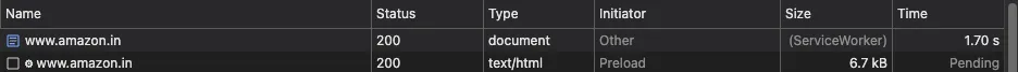 Amazon's first request returns a fully-rendered HTML document